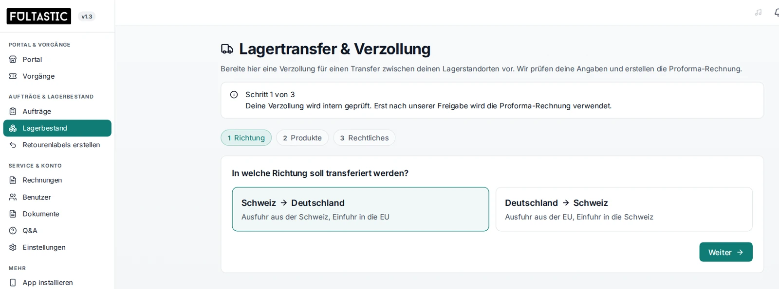 Warehouse transfer and customs clearance in the fultastic customer dashboard